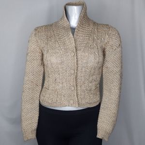 Herald House Vtg Crop Cardigan Button Beige Cable Knit Wool Blend Collar Large